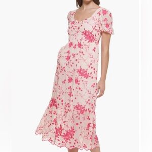 Kensie Floral Embroidered Puff Sleeve Chiffon Midi Dress